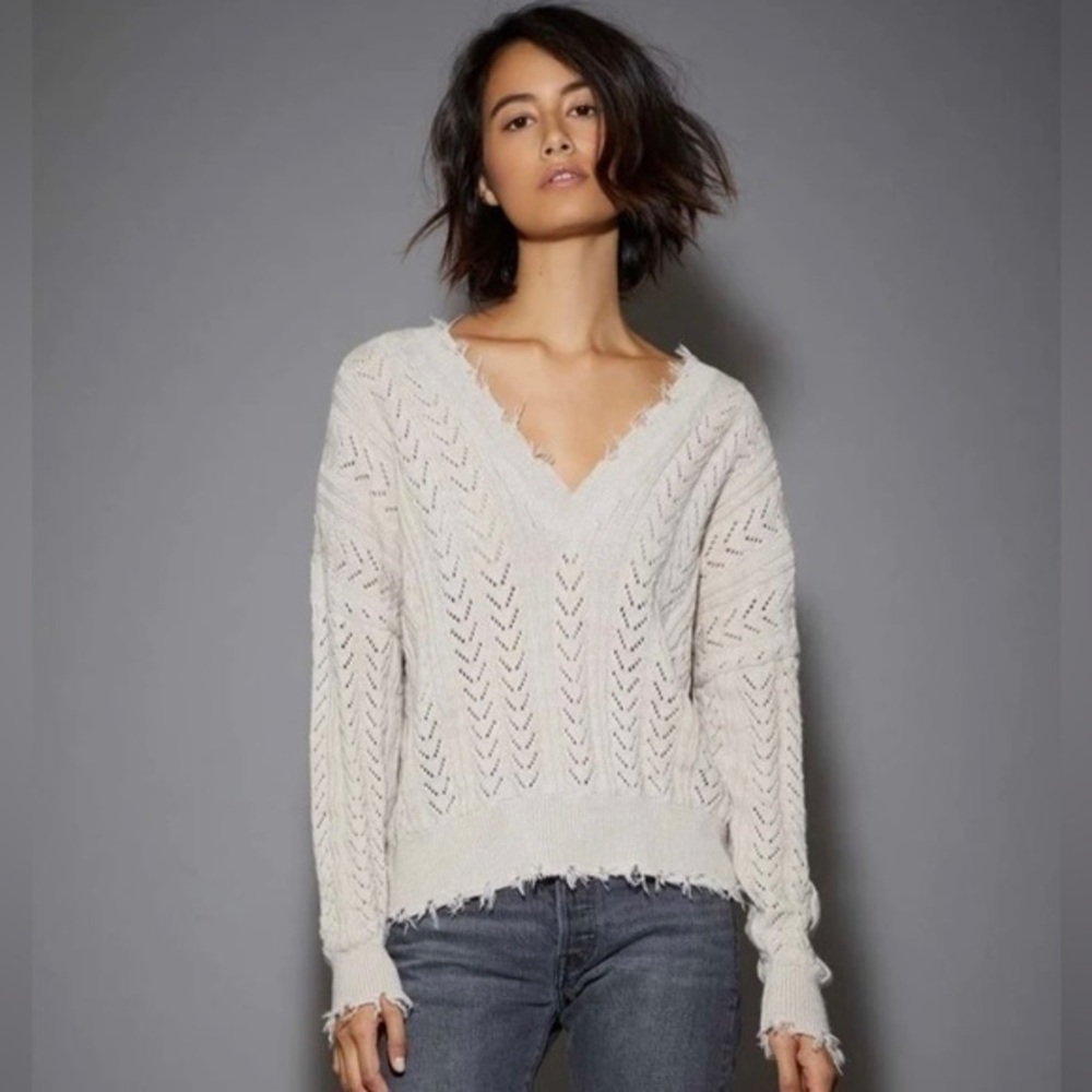 Nation LTD Cream Distressed V-Neck Pointelle Sweater